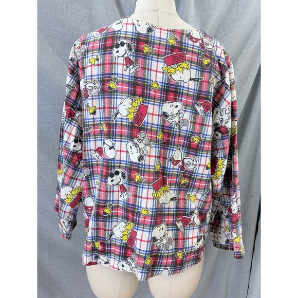 Vintage Snoopy Peanuts Woodstock Plaid Cotton Flannel Pajama Top Womens L 90s - Picture 6 of 9